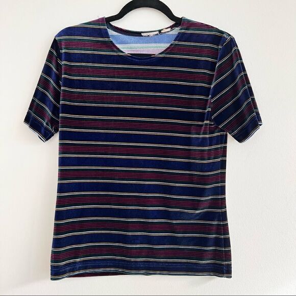 Vintage Striped Navy Maroon Green Gold White Velvet Stretch T-shirt Size Medium - Picture 1 of 7
